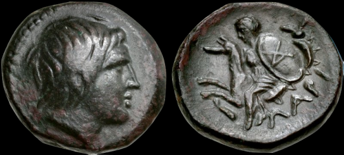 ™Rex Intima Ruler of My Innermost Parts.yv in partnership with the Holy Spirit - Achilles depicted on a 4th-century BC coin from Kremaste, Phthia. Reverse- Thetis, wearing chiton and holding shield of Achilles with his AX monogram